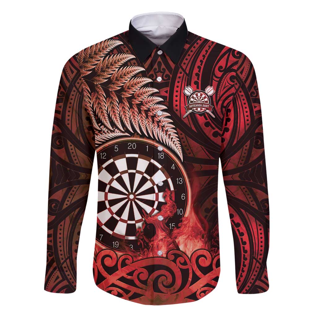 Personalised New Zealand Darts Family Matching Summer Maxi Dress and Hawaiian Shirt Maori Koru Dartboard Red Flame LT05 Dad's Shirt - Long Sleeve Red - Polynesian Pride