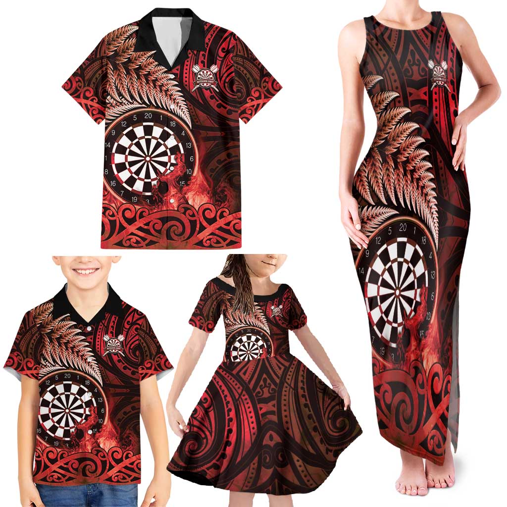 Personalised New Zealand Darts Family Matching Tank Maxi Dress and Hawaiian Shirt Maori Koru Dartboard Red Flame LT05 - Polynesian Pride