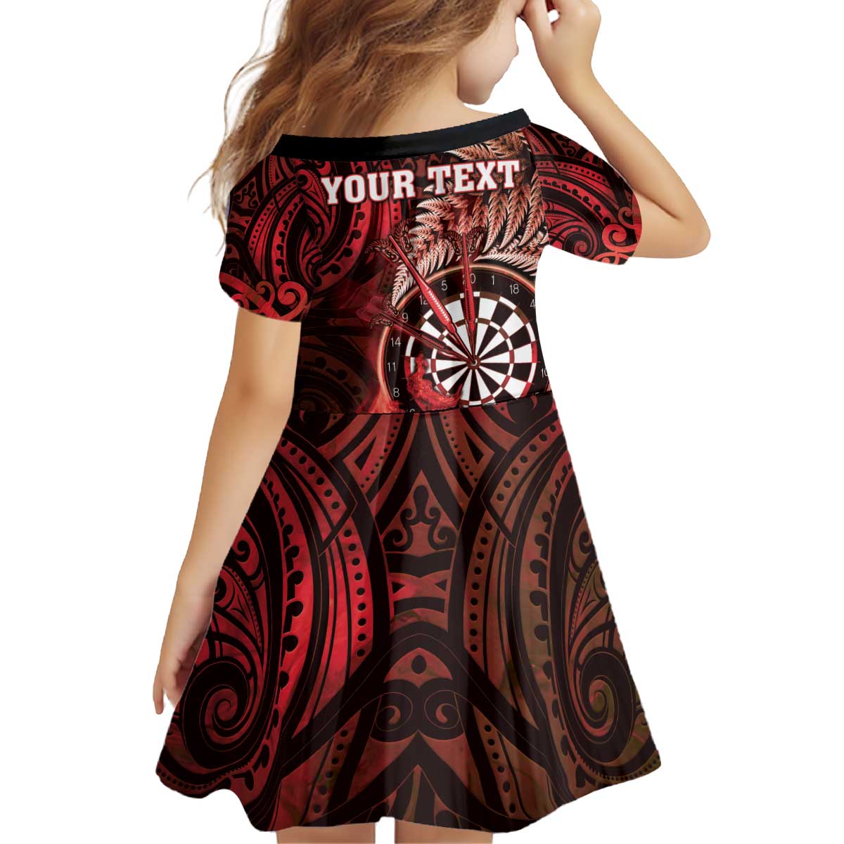 Personalised New Zealand Darts Kid Short Sleeve Dress Maori Koru Dartboard Red Flame