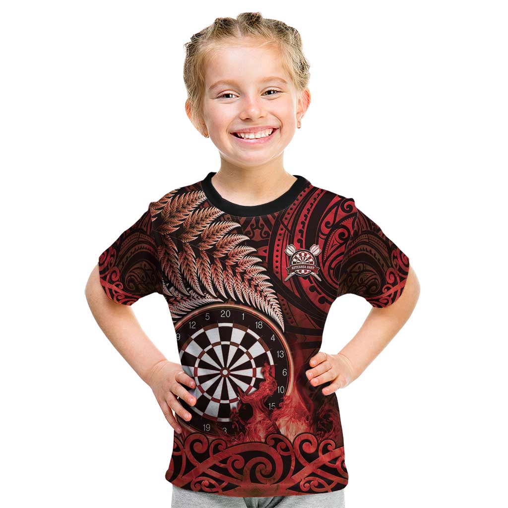 Personalised New Zealand Darts Kid T Shirt Maori Koru Dartboard Red Flame