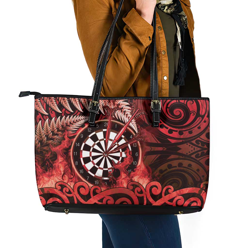 New Zealand Darts Leather Tote Bag Maori Koru Dartboard Red Flame LT05 - Polynesian Pride