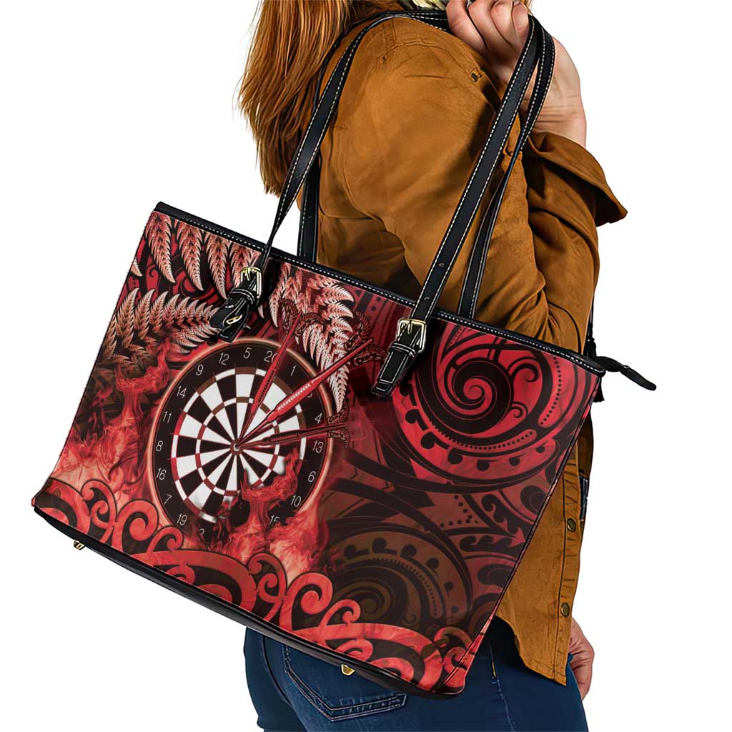 New Zealand Darts Leather Tote Bag Maori Koru Dartboard Red Flame LT05 - Polynesian Pride