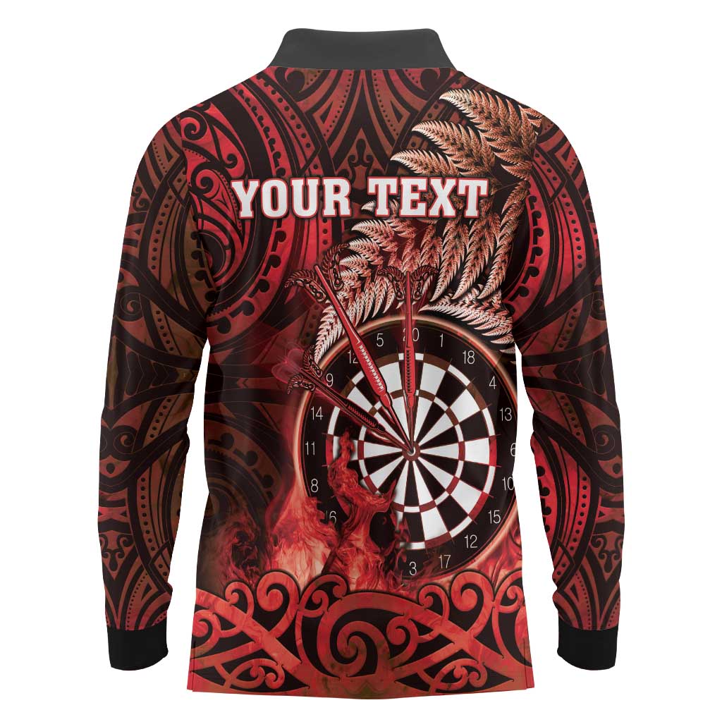Personalised New Zealand Darts Long Sleeve Polo Shirt Maori Koru Dartboard Red Flame