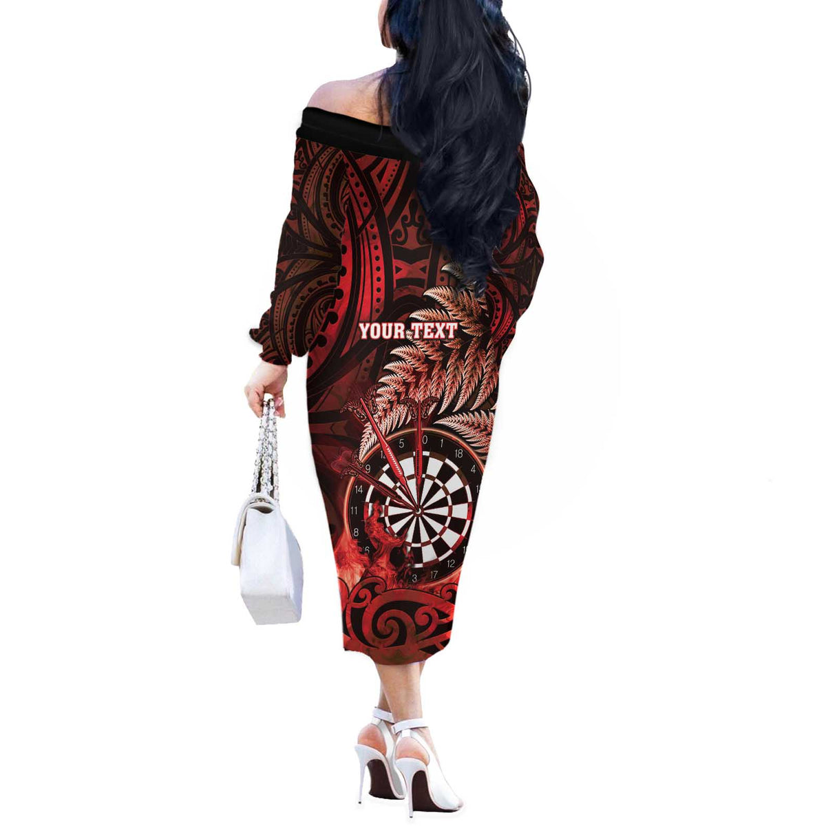 Personalised New Zealand Darts Off The Shoulder Long Sleeve Dress Maori Koru Dartboard Red Flame