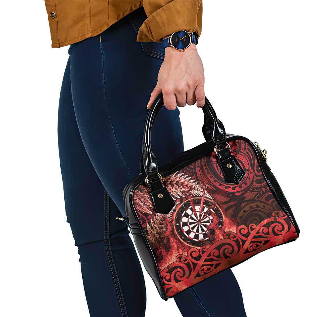 New Zealand Darts Shoulder Handbag Maori Koru Dartboard Red Flame