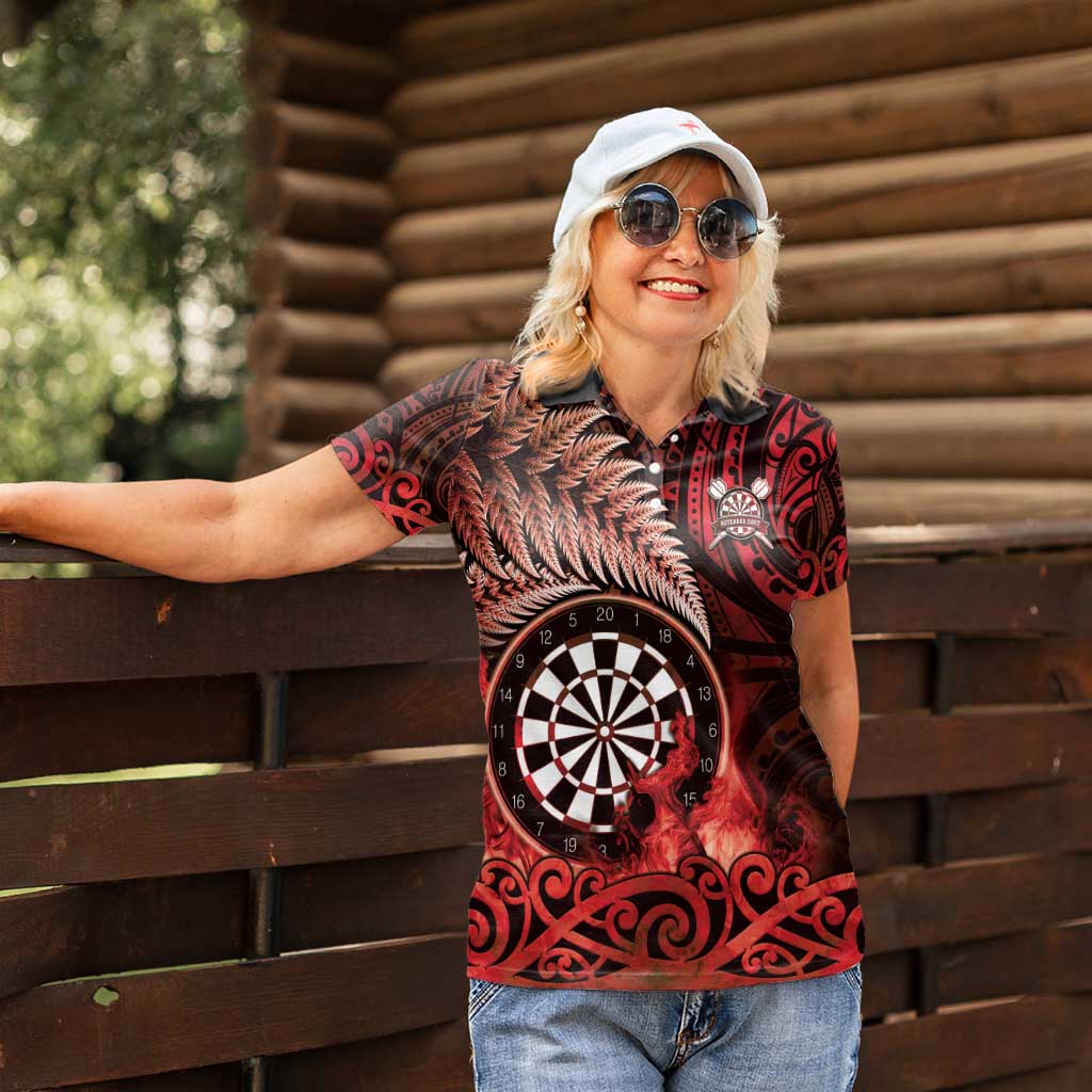Personalised New Zealand Darts Women Polo Shirt Maori Koru Dartboard Red Flame