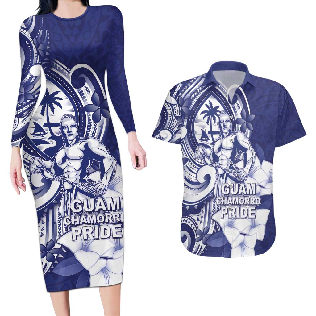 Guam Chief Quipuha Couples Matching Long Sleeve Bodycon Dress and Hawaiian Shirt Polynesian Pattern With Guasali Flowers