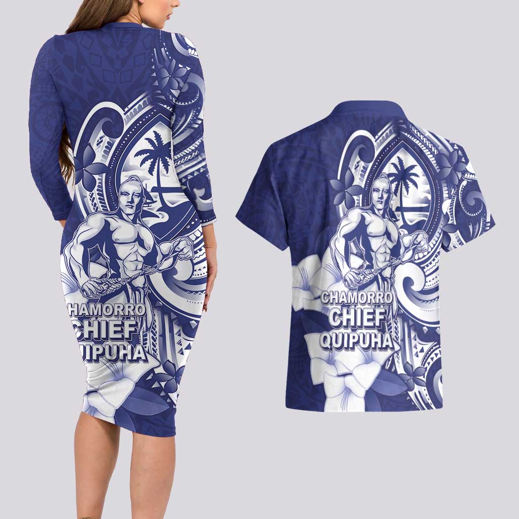 Guam Chief Quipuha Couples Matching Long Sleeve Bodycon Dress and Hawaiian Shirt Polynesian Pattern With Guasali Flowers