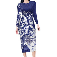 Guam Chief Quipuha Family Matching Long Sleeve Bodycon Dress and Hawaiian Shirt Polynesian Pattern With Guasali Flowers LT05 Mom's Dress Navy - Polynesian Pride