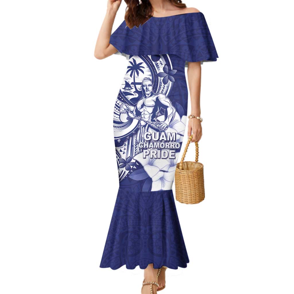 Guam Chief Quipuha Family Matching Mermaid Dress and Hawaiian Shirt Polynesian Pattern With Guasali Flowers LT05 Mom's Dress Navy - Polynesian Pride