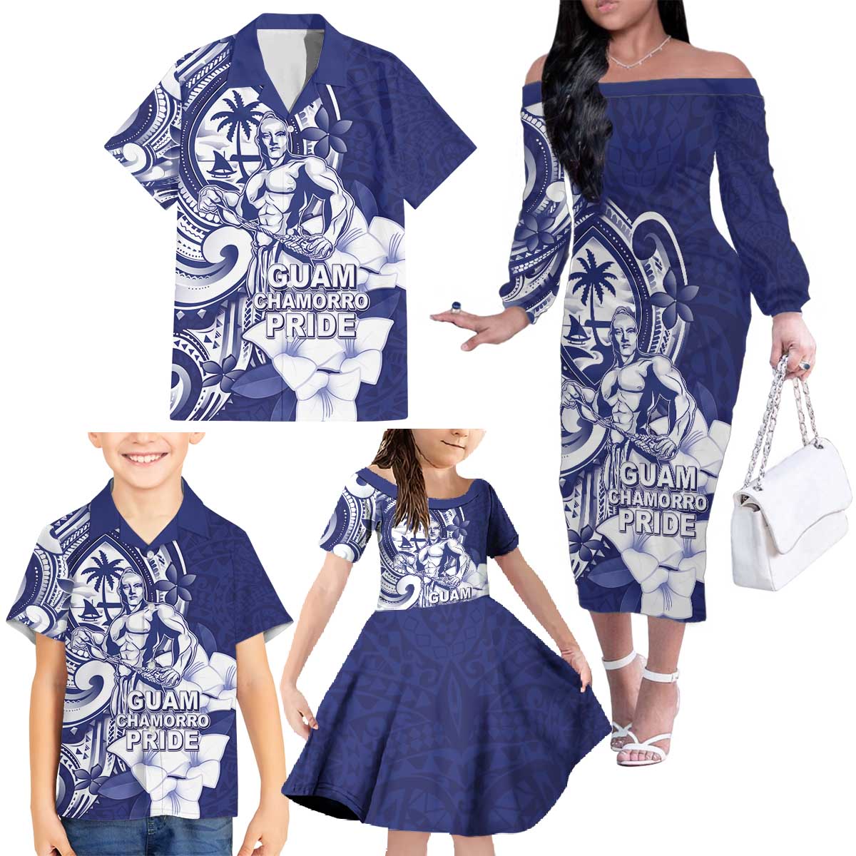 Guam Chief Quipuha Family Matching Off The Shoulder Long Sleeve Dress and Hawaiian Shirt Polynesian Pattern With Guasali Flowers