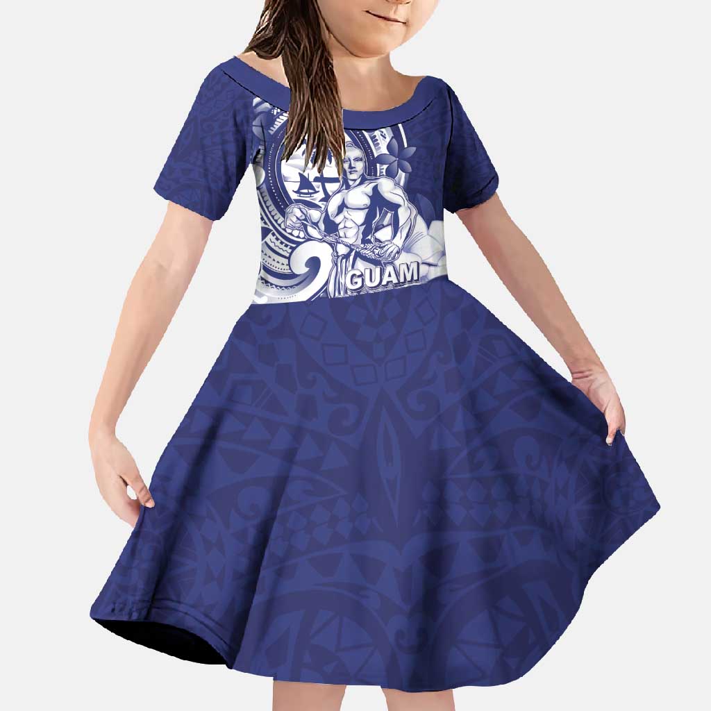 Guam Chief Quipuha Family Matching Off Shoulder Maxi Dress and Hawaiian Shirt Polynesian Pattern With Guasali Flowers LT05 Daughter's Dress Navy - Polynesian Pride