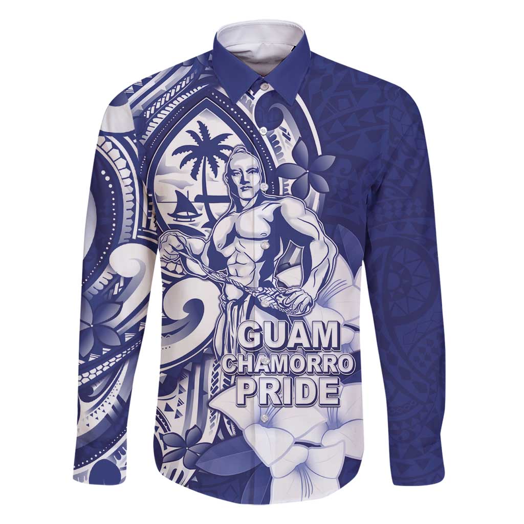 Guam Chief Quipuha Family Matching Off Shoulder Short Dress and Hawaiian Shirt Polynesian Pattern With Guasali Flowers LT05 Dad's Shirt - Long Sleeve Navy - Polynesian Pride