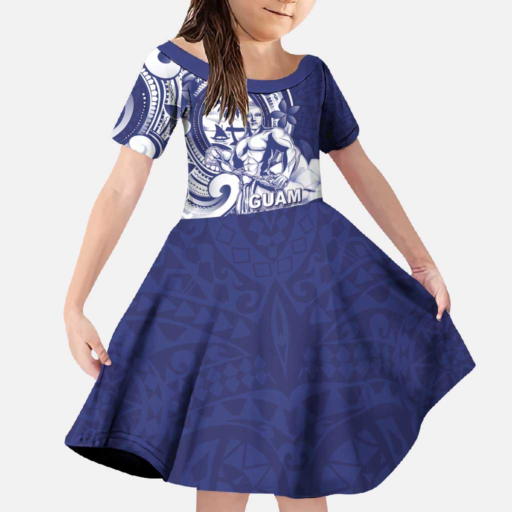 Guam Chief Quipuha Family Matching Short Sleeve Bodycon Dress and Hawaiian Shirt Polynesian Pattern With Guasali Flowers LT05 Daughter's Dress Navy - Polynesian Pride