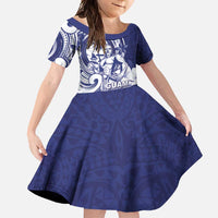 Guam Chief Quipuha Family Matching Short Sleeve Bodycon Dress and Hawaiian Shirt Polynesian Pattern With Guasali Flowers LT05 Daughter's Dress Navy - Polynesian Pride
