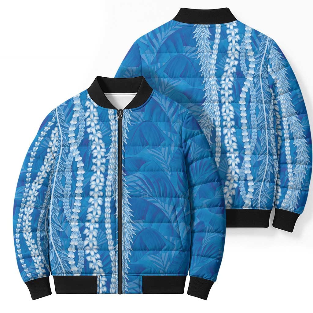 Hawaii Prince Kuhio Bomber Puffer Jacket Blue Hawaiian Lau Maia With Leis