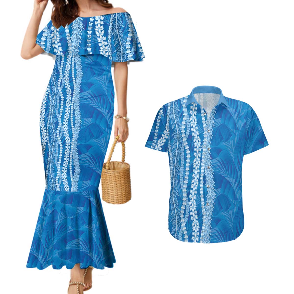 Hawaii Prince Kuhio Couples Matching Mermaid Dress and Hawaiian Shirt Blue Hawaiian Lau Maia With Leis LT05 Blue - Polynesian Pride