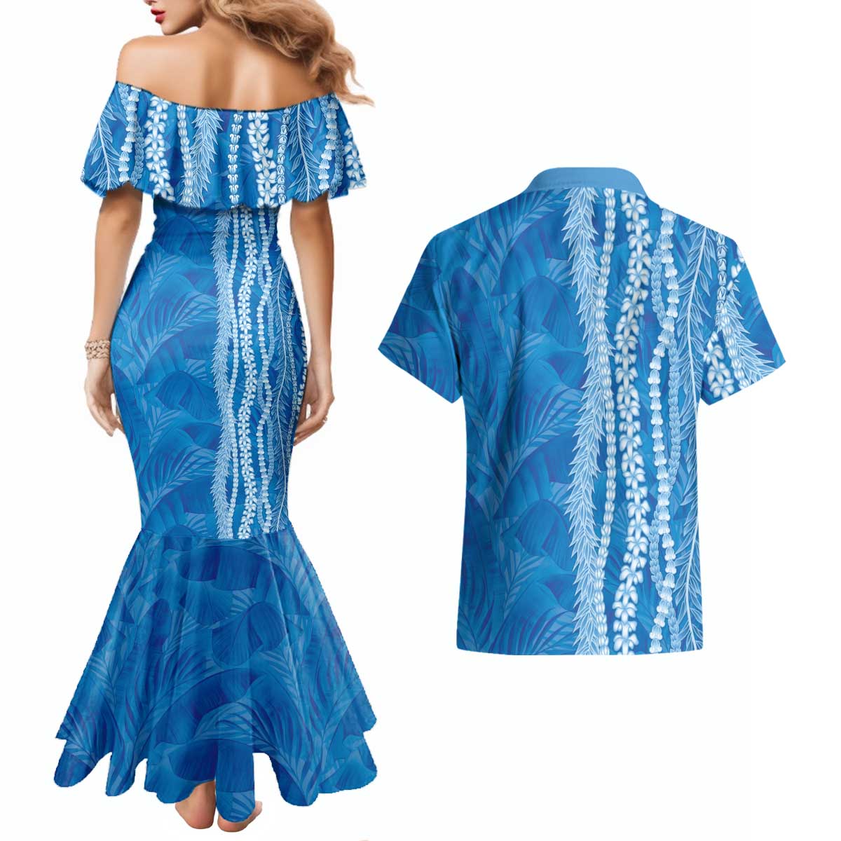 Hawaii Prince Kuhio Couples Matching Mermaid Dress and Hawaiian Shirt Blue Hawaiian Lau Maia With Leis LT05 - Polynesian Pride