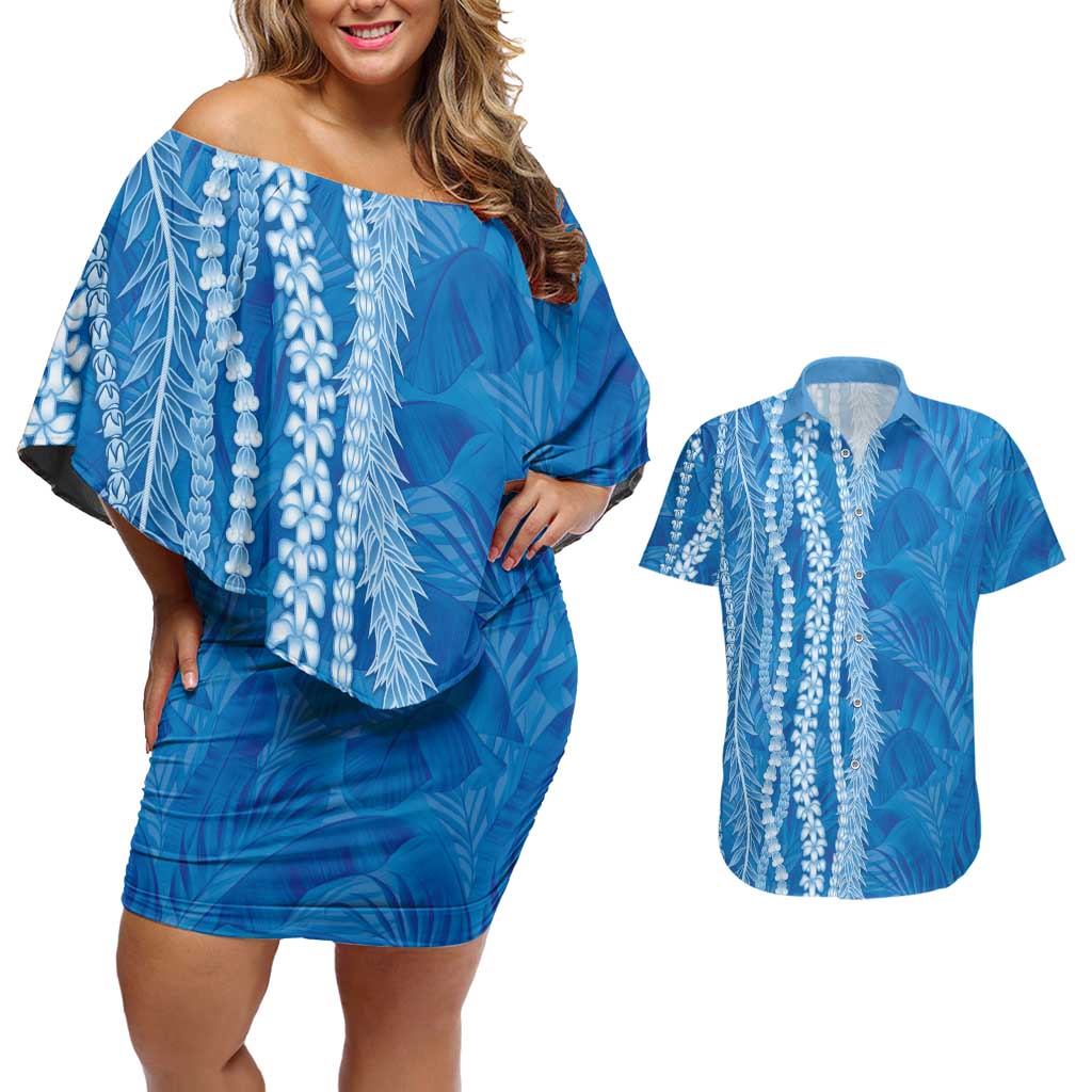 Hawaii Prince Kuhio Couples Matching Off Shoulder Short Dress and Hawaiian Shirt Blue Hawaiian Lau Maia With Leis