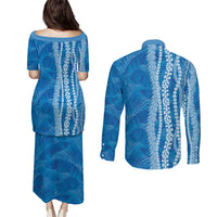 Hawaii Prince Kuhio Couples Matching Puletasi and Long Sleeve Button Shirt Blue Hawaiian Lau Maia With Leis