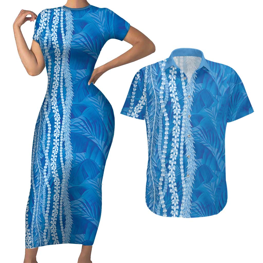 Hawaii Prince Kuhio Couples Matching Short Sleeve Bodycon Dress and Hawaiian Shirt Blue Hawaiian Lau Maia With Leis LT05 Blue - Polynesian Pride