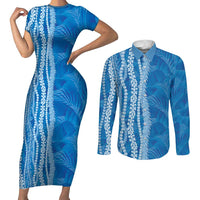 Hawaii Prince Kuhio Couples Matching Short Sleeve Bodycon Dress and Long Sleeve Button Shirt Blue Hawaiian Lau Maia With Leis