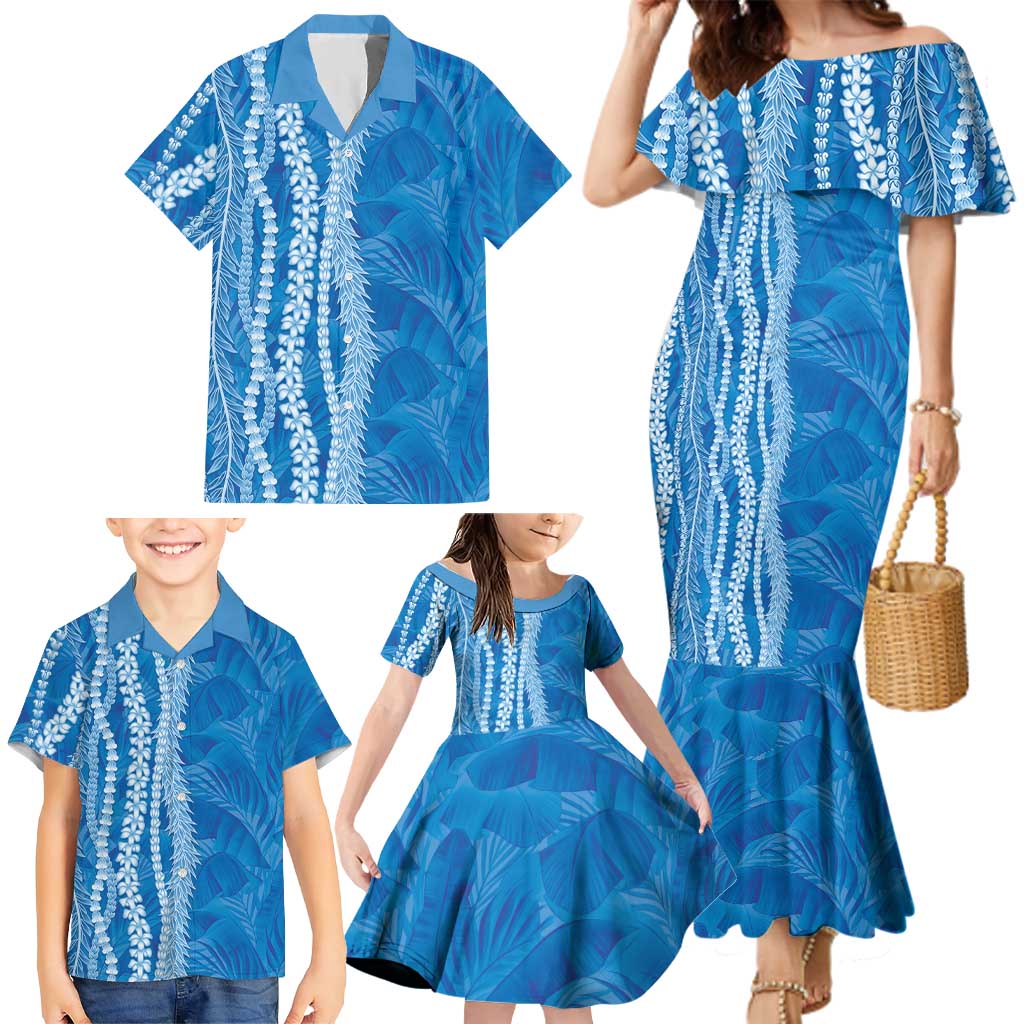 Hawaii Prince Kuhio Family Matching Mermaid Dress and Hawaiian Shirt Blue Hawaiian Lau Maia With Leis LT05 - Polynesian Pride