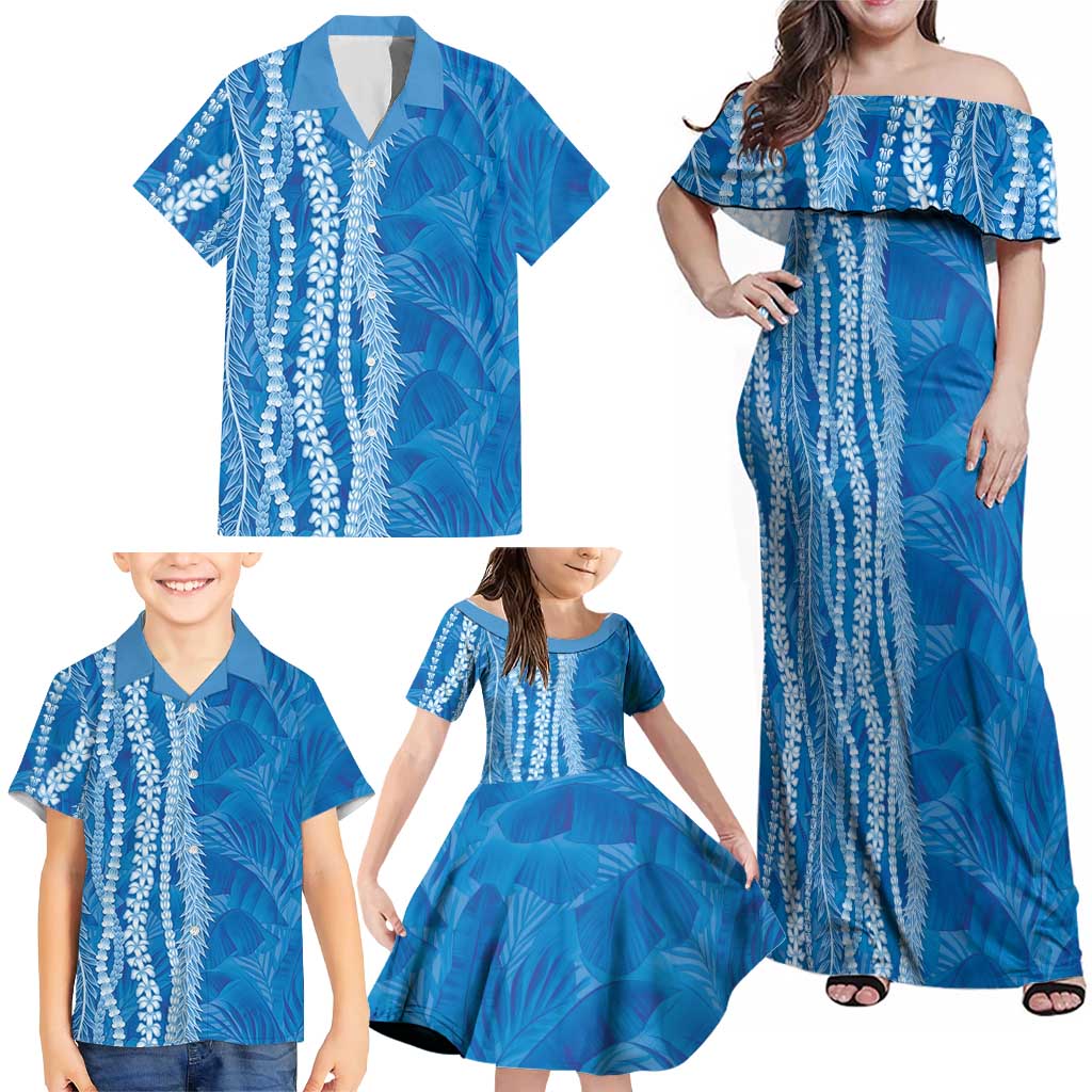 Hawaii Prince Kuhio Family Matching Off Shoulder Maxi Dress and Hawaiian Shirt Blue Hawaiian Lau Maia With Leis