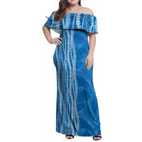 Hawaii Prince Kuhio Family Matching Off Shoulder Maxi Dress and Hawaiian Shirt Blue Hawaiian Lau Maia With Leis LT05 Mom's Dress Blue - Polynesian Pride