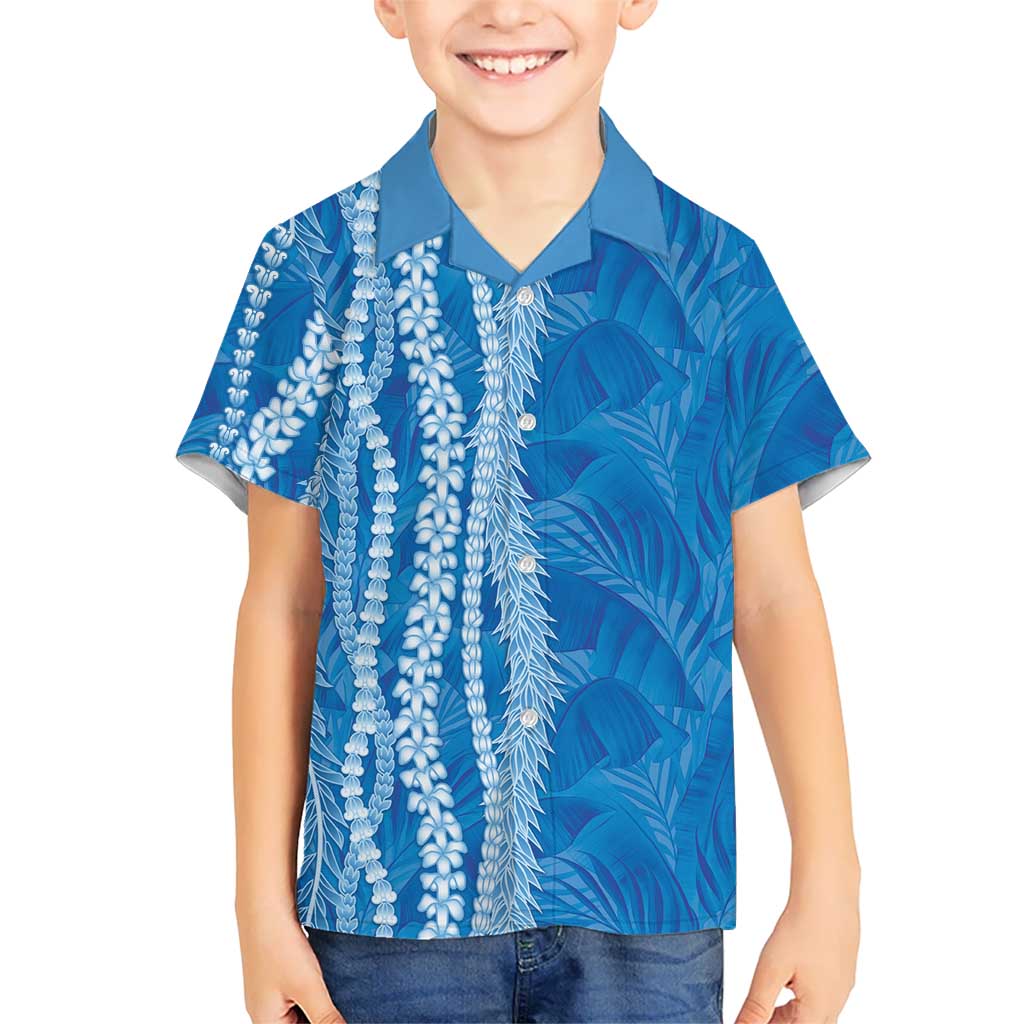 Hawaii Prince Kuhio Family Matching Off Shoulder Short Dress and Hawaiian Shirt Blue Hawaiian Lau Maia With Leis LT05 Son's Shirt Blue - Polynesian Pride