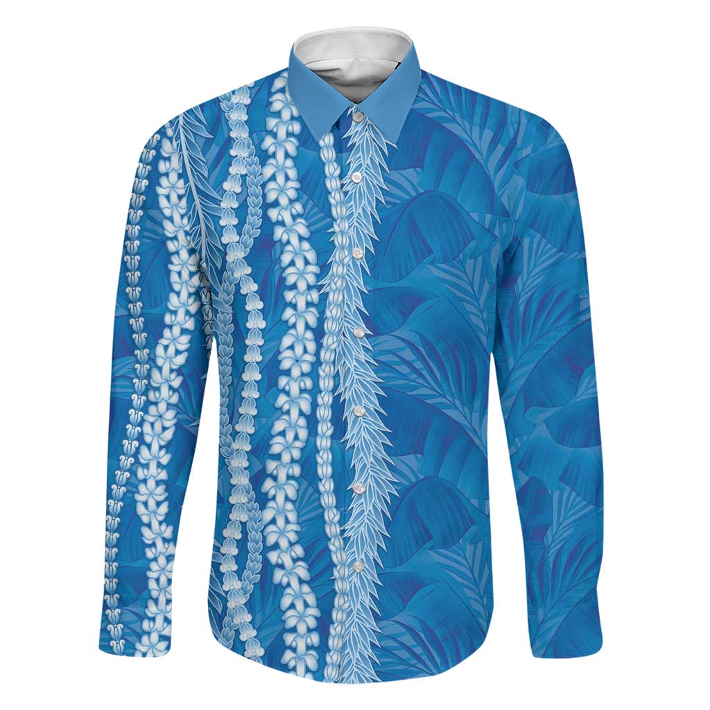 Hawaii Prince Kuhio Family Matching Puletasi and Hawaiian Shirt Blue Hawaiian Lau Maia With Leis LT05 Dad's Shirt - Long Sleeve Blue - Polynesian Pride