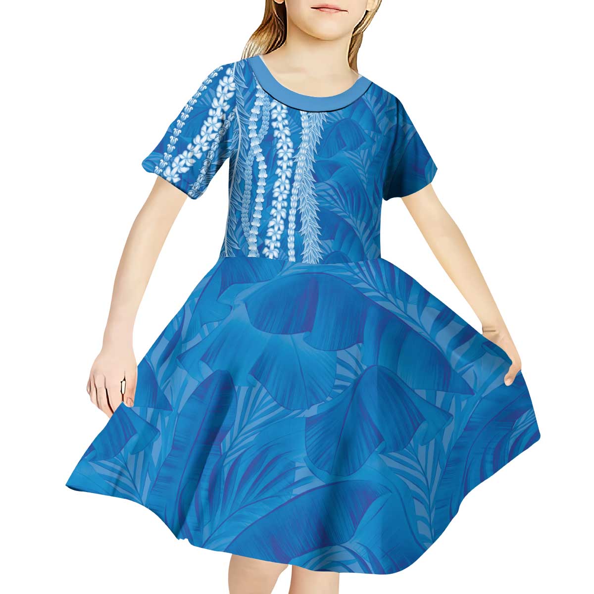 Hawaii Prince Kuhio Kid Short Sleeve Dress Blue Hawaiian Lau Maia With Leis