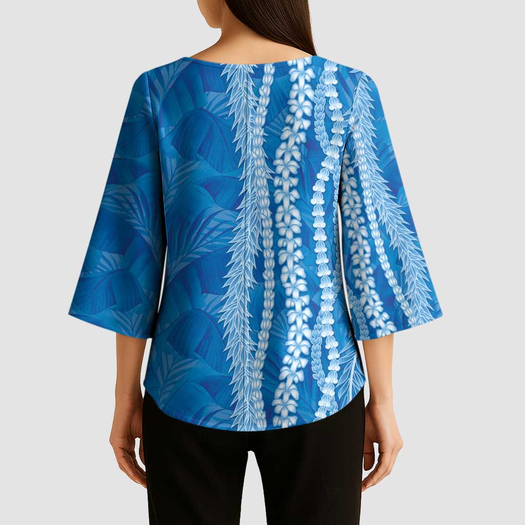 Hawaii Prince Kuhio Kimono Sleeve Blouse Blue Hawaiian Lau Maia With Leis