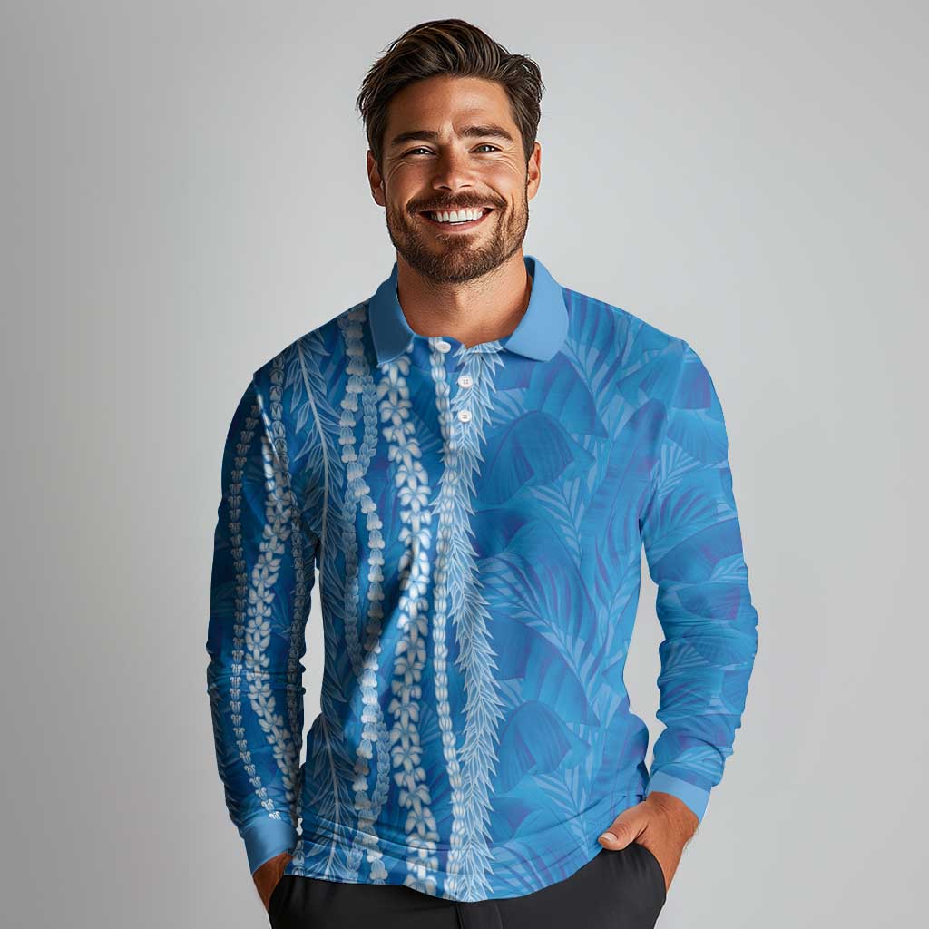 Hawaii Prince Kuhio Long Sleeve Polo Shirt Blue Hawaiian Lau Maia With Leis