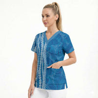 Hawaii Prince Kuhio Scrub Top Blue Hawaiian Lau Maia With Leis