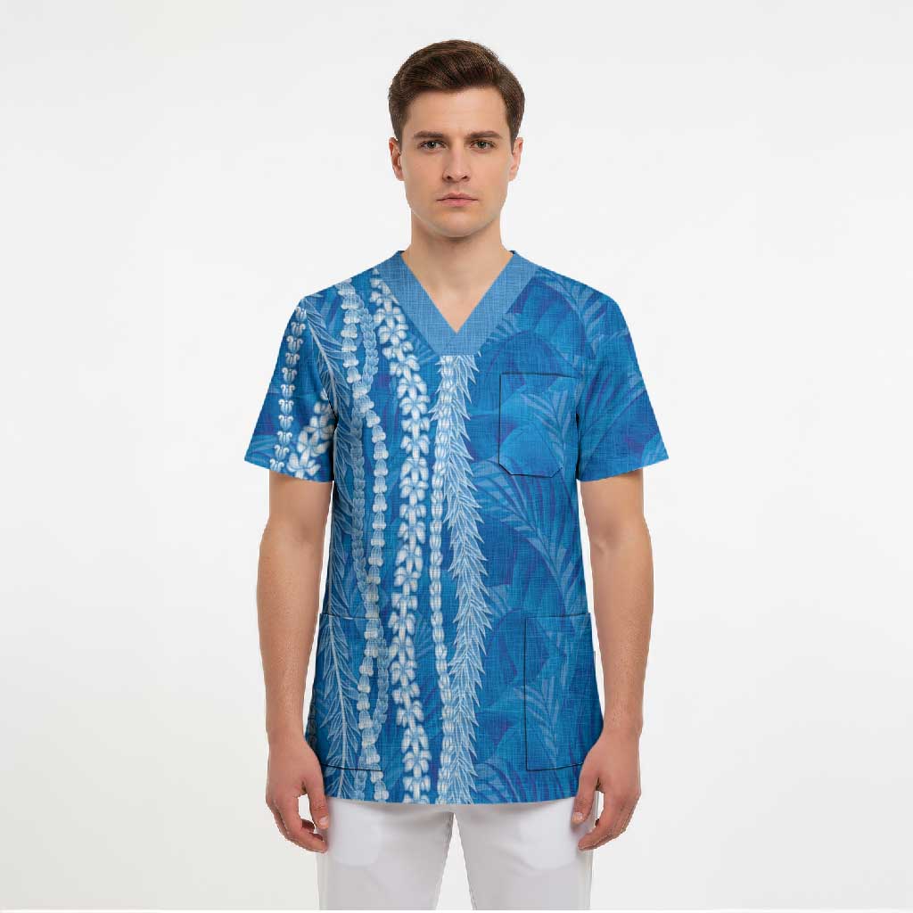 Hawaii Prince Kuhio Scrub Top Blue Hawaiian Lau Maia With Leis