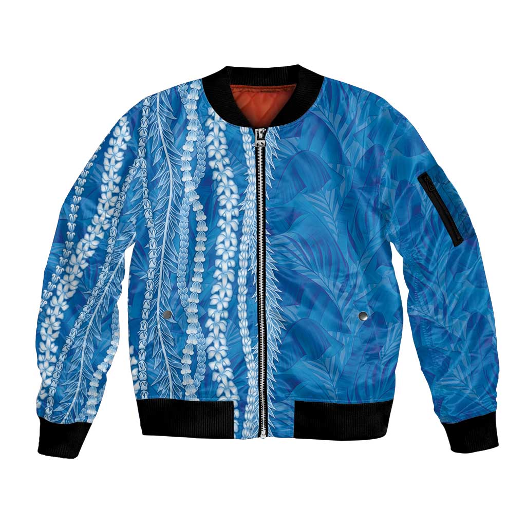 Hawaii Prince Kuhio Sleeve Zip Bomber Jacket Blue Hawaiian Lau Maia With Leis