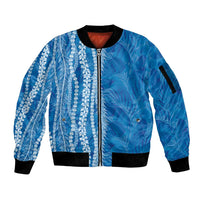 Hawaii Prince Kuhio Sleeve Zip Bomber Jacket Blue Hawaiian Lau Maia With Leis
