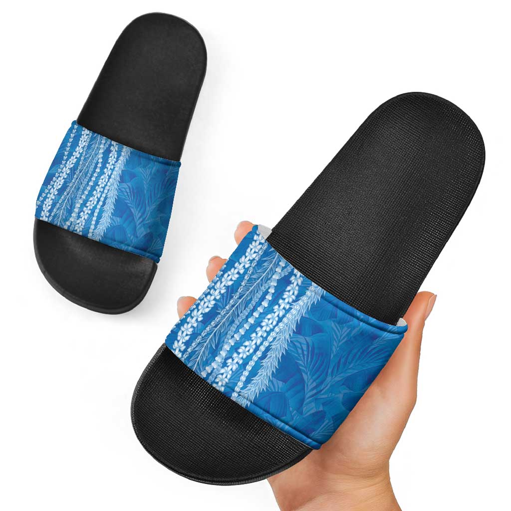 Hawaii Prince Kuhio Slide Sandals Blue Hawaiian Lau Maia With Leis