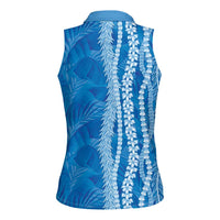 Hawaii Prince Kuhio Women Sleeveless Polo Shirt Blue Hawaiian Lau Maia With Leis