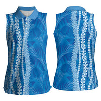 Hawaii Prince Kuhio Women Sleeveless Polo Shirt Blue Hawaiian Lau Maia With Leis