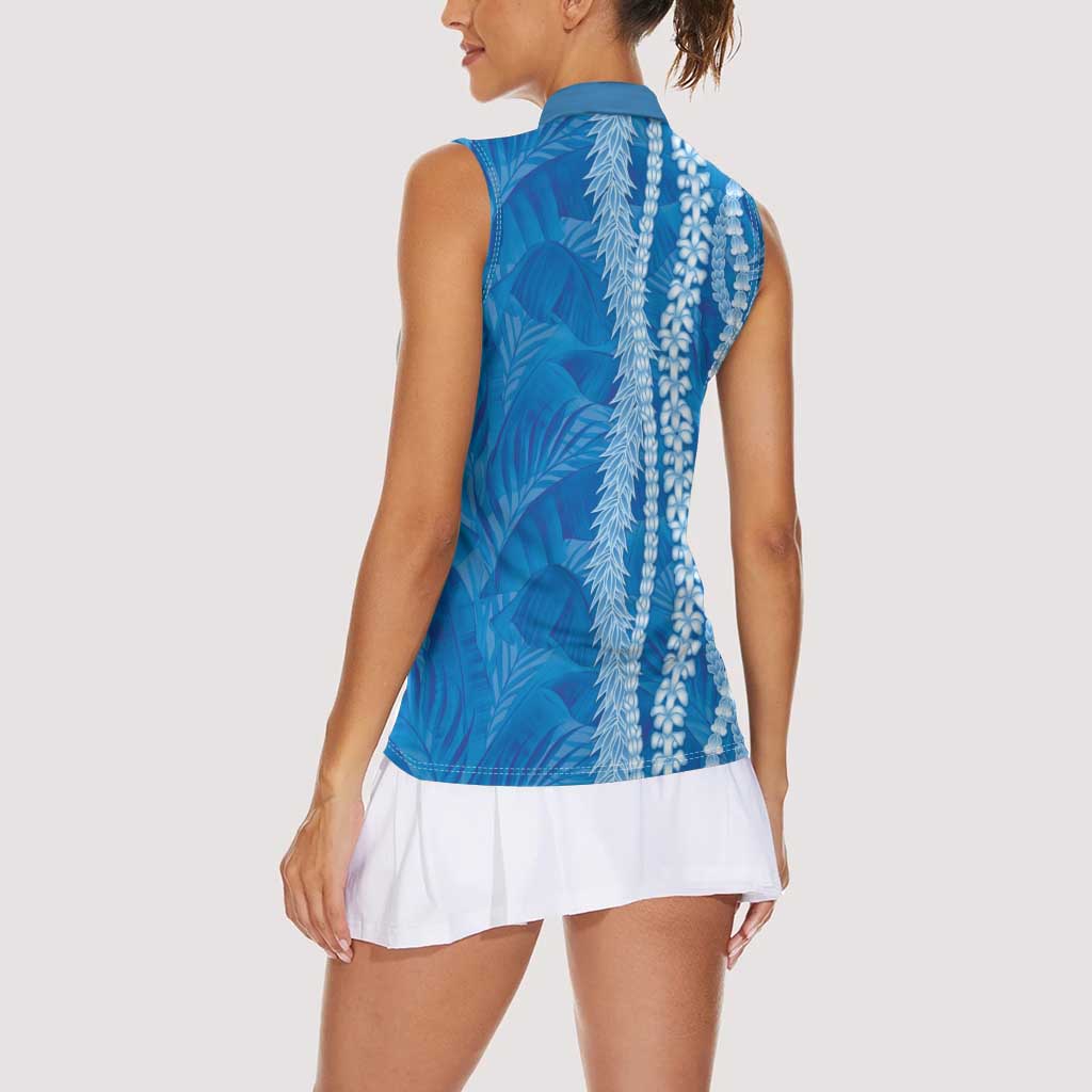 Hawaii Prince Kuhio Women Sleeveless Polo Shirt Blue Hawaiian Lau Maia With Leis
