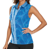 Hawaii Prince Kuhio Women Sleeveless Polo Shirt Blue Hawaiian Lau Maia With Leis