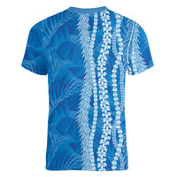 Hawaii Prince Kuhio Women V-Neck T-Shirt Blue Hawaiian Lau Maia With Leis