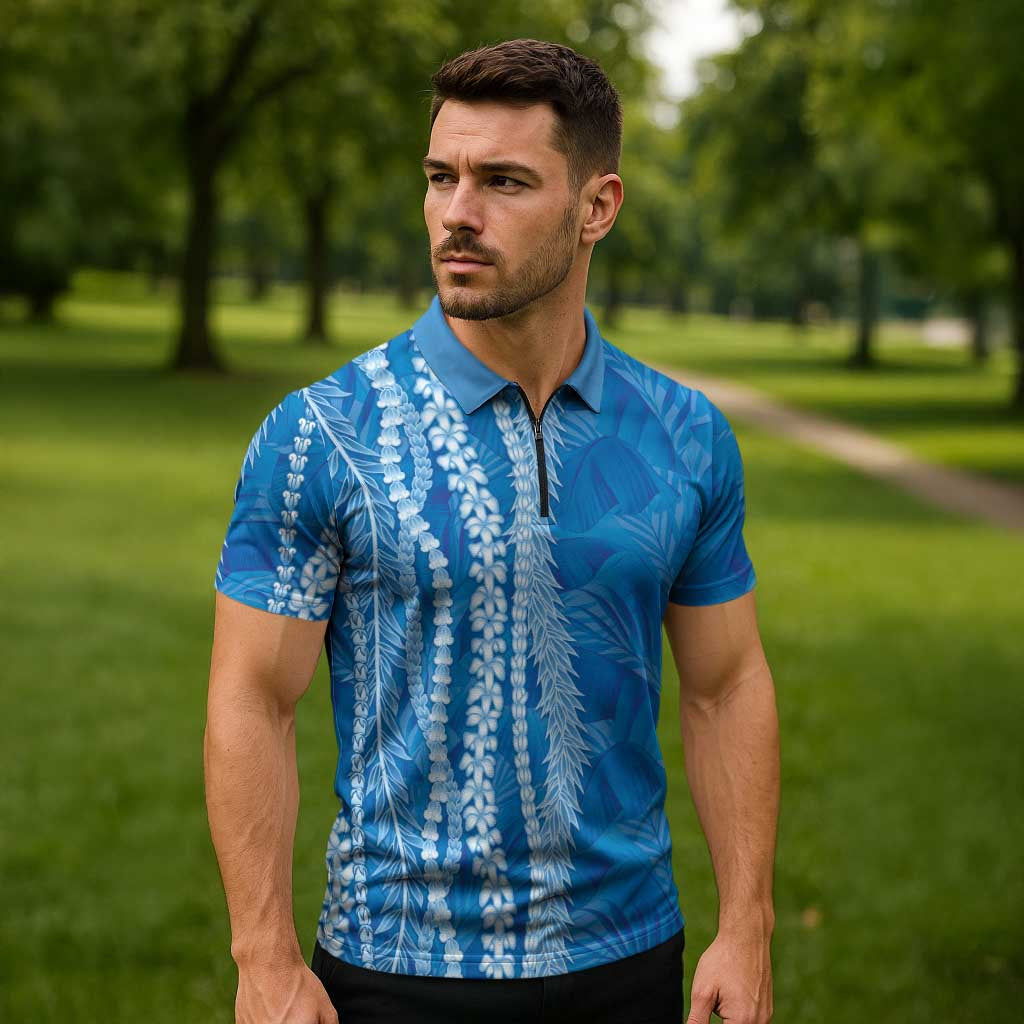 Hawaii Prince Kuhio Zipper Polo Shirt Blue Hawaiian Lau Maia With Leis