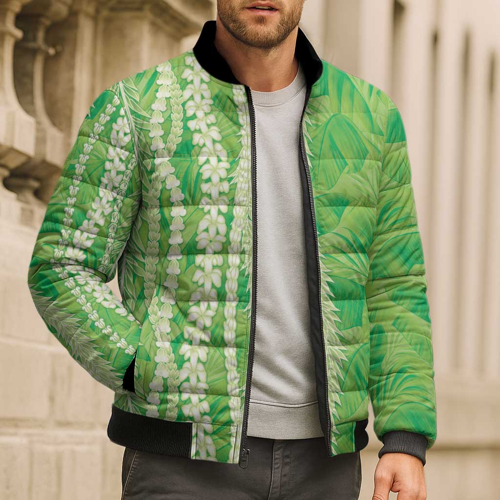 Hawaii Prince Kuhio Bomber Puffer Jacket Lime Green Hawaiian Lau Maia With Leis