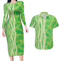 Hawaii Prince Kuhio Couples Matching Long Sleeve Bodycon Dress and Hawaiian Shirt Lime Green Hawaiian Lau Maia With Leis LT05 Green - Polynesian Pride