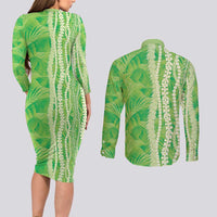 Hawaii Prince Kuhio Couples Matching Long Sleeve Bodycon Dress and Long Sleeve Button Shirt Lime Green Hawaiian Lau Maia With Leis LT05 - Polynesian Pride