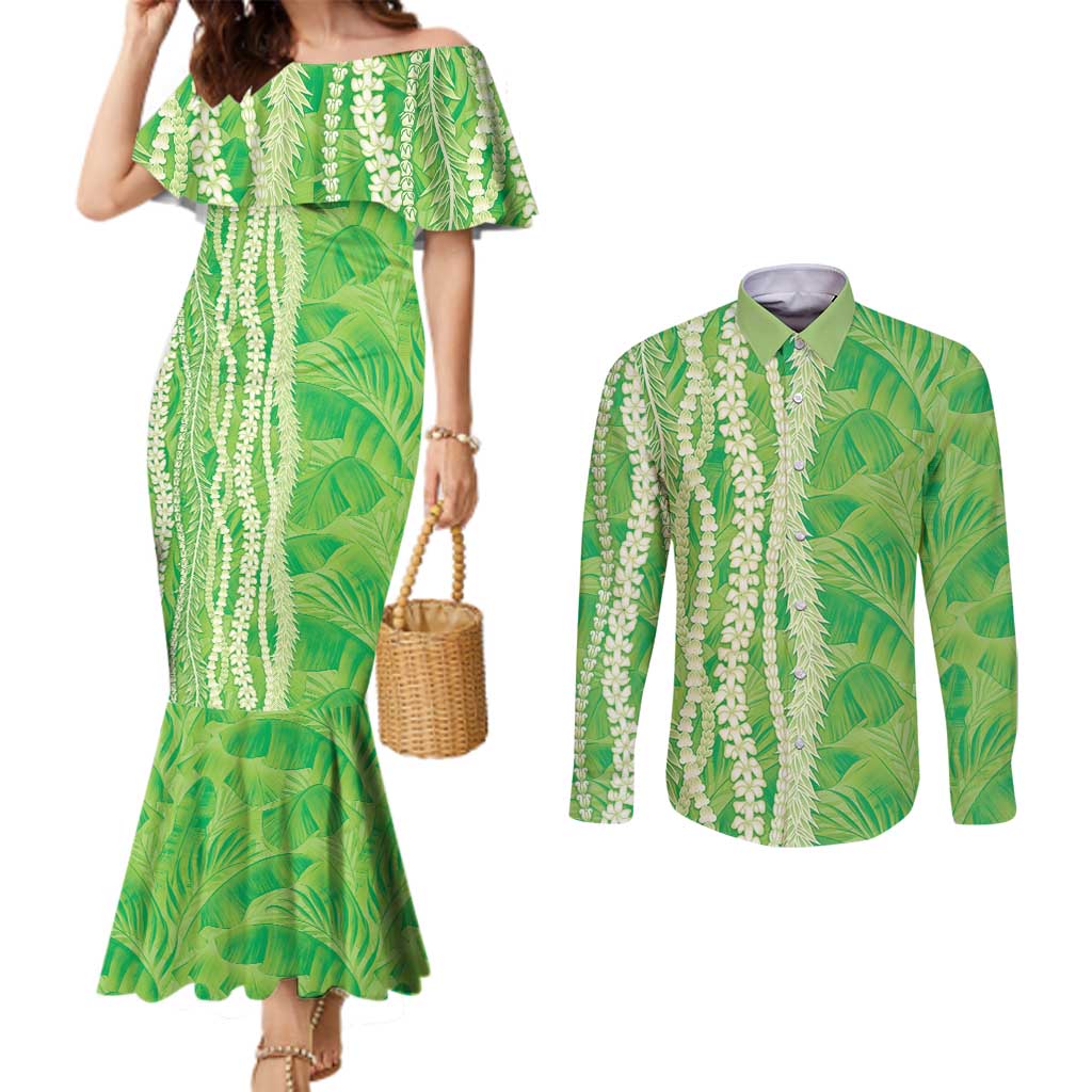 Hawaii Prince Kuhio Couples Matching Mermaid Dress and Long Sleeve Button Shirt Lime Green Hawaiian Lau Maia With Leis