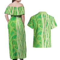 Hawaii Prince Kuhio Couples Matching Off Shoulder Maxi Dress and Hawaiian Shirt Lime Green Hawaiian Lau Maia With Leis